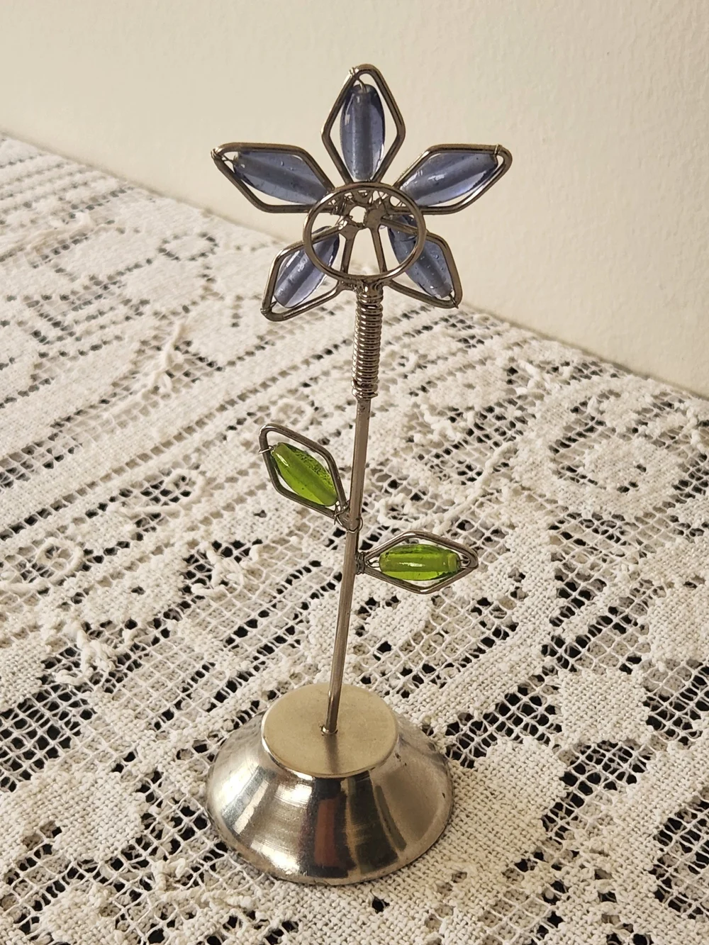 Blue Glass Flower Notice / Photo Holder with Green Leaves